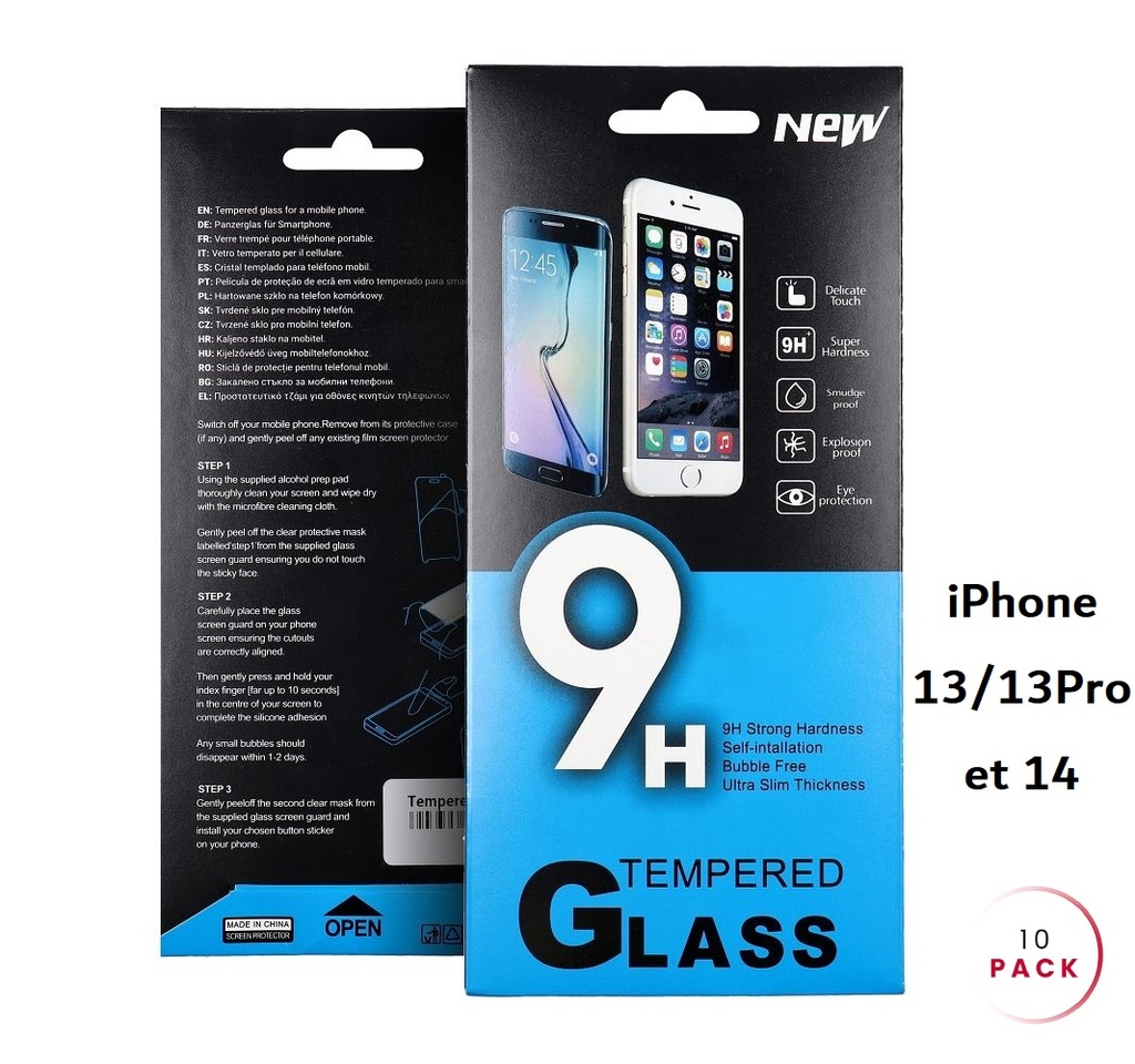 Pack de 10 verres trempés pour iPhone 13 - 13 Pro et iPhone 14