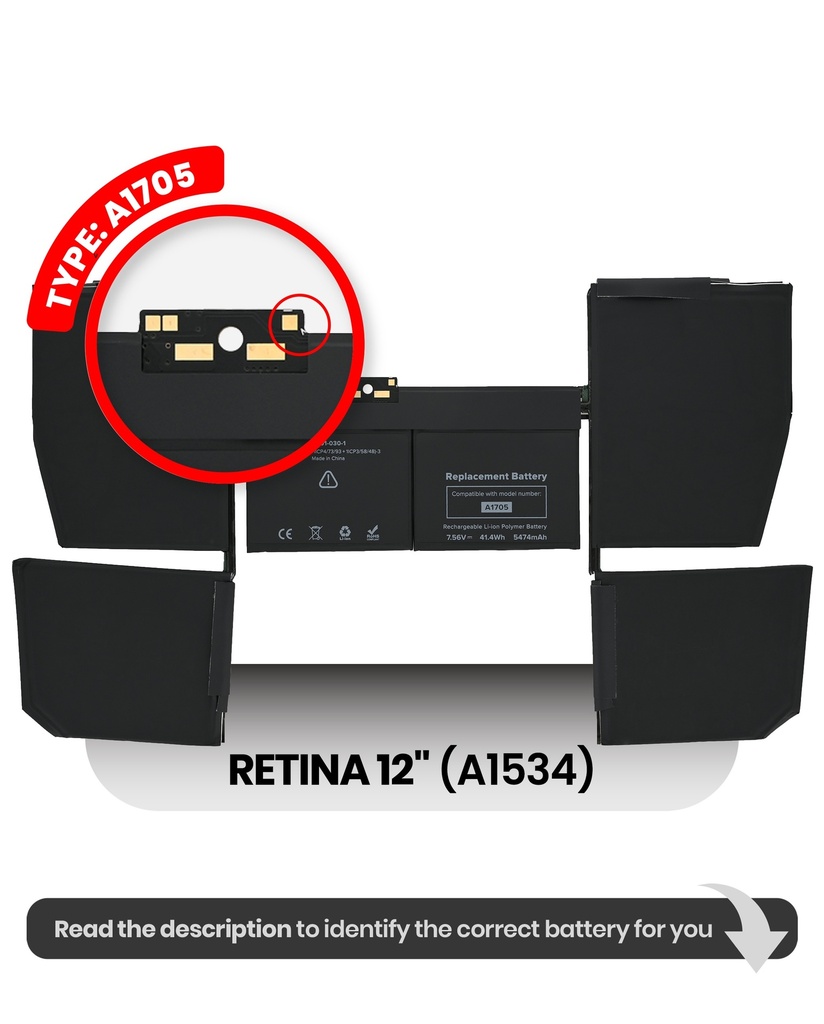 Batterie A1705 compatible MacBook Retina 12" - A1534 début 2016 milieu 2017