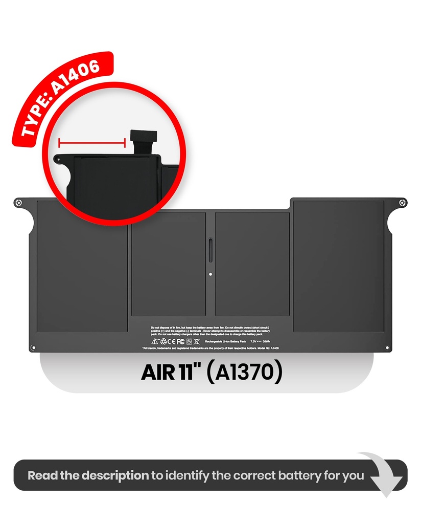 Batterie A1406 compatible pour MacBook Air 11" - A1370 Milieu 2011 et A1465 Milieu 2012