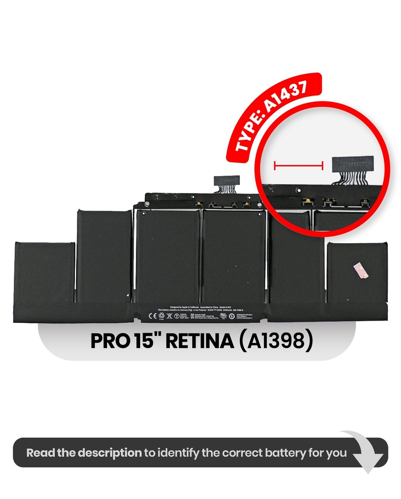 Batterie A1417 compatible pour MacBook Pro Retina 15" - A1398 Milieu 2012 Début 2013