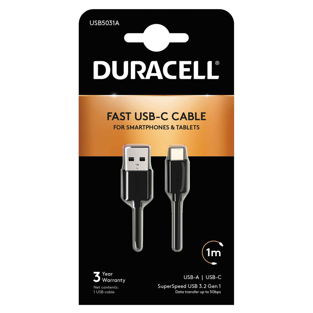 Câble USB-A vers USB-C 3.0 1M - Duracell - Noir