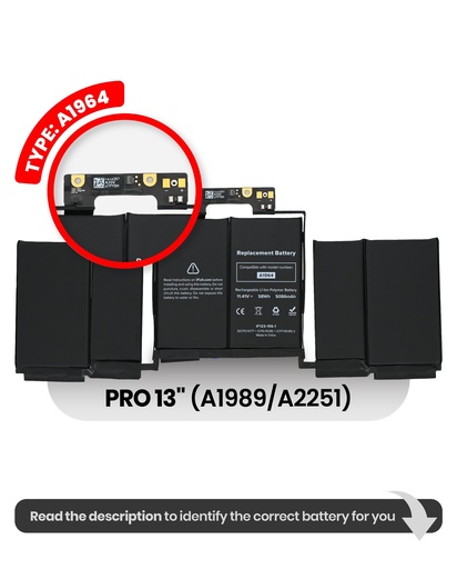 [107082069403] Batterie A1964 compatible pour MacBook Pro 13" - A1989 Fin 2018 Début 2019 et A2251 Milieu 2020
