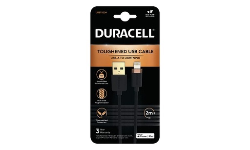 [USB7022A] Câble tressé USB-A vers Lightning 2M - Duracell - Noir