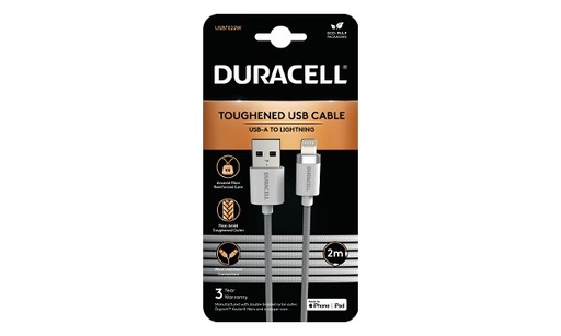[USB7022W] Câble tressé USB-A vers Lightning 2M - Duracell - Blanc