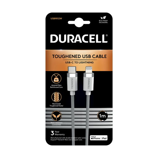 [USB9012W] Câble tressé USB-C vers Lightning 1M - Duracell - Blanc