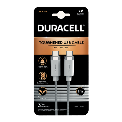 [USB7030W] Câble tressé USB-C-USB-C 3.2 Gen1 1M - Duracell - Blanc