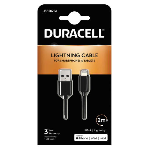 [USB5022A] Câble USB-A vers Lightning C89 2M - Duracell - Noir