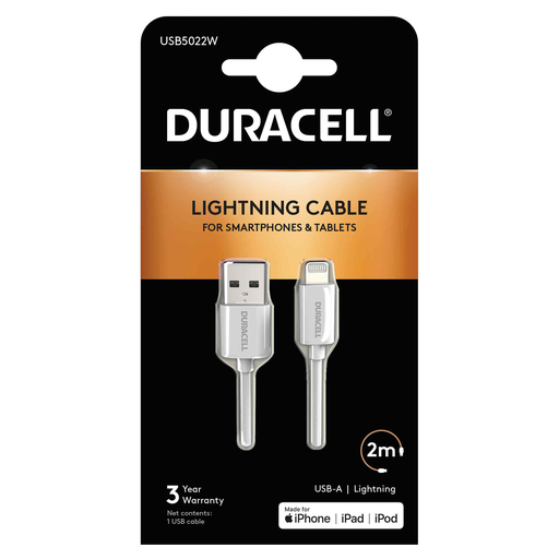 [USB5022W] Câble USB-A vers Lightning C89 2M - Duracell - Blanc