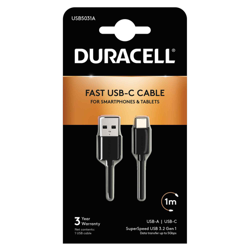 [USB5031A] Câble USB-A vers USB-C 3.0 1M - Duracell - Noir