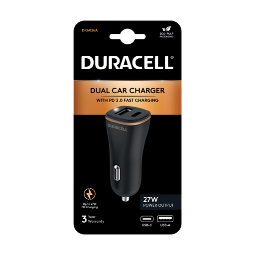 [DR6026A] Chargeur de voiture USB-A + USB-C PD 18W - Duracell - Noir